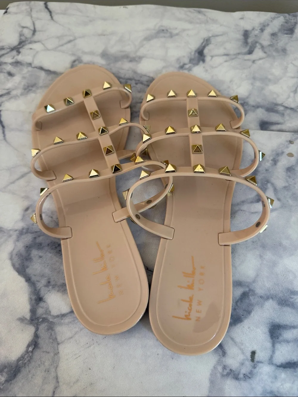 Nicole Miller Nude Patent Studded T-Strap Slide Sandals